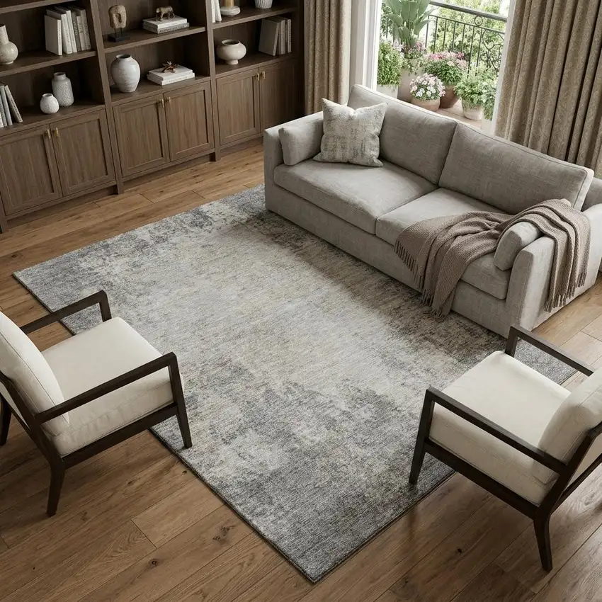 Gray And Ivory Abstract Washable Area Rug With UV Protection Photo 1