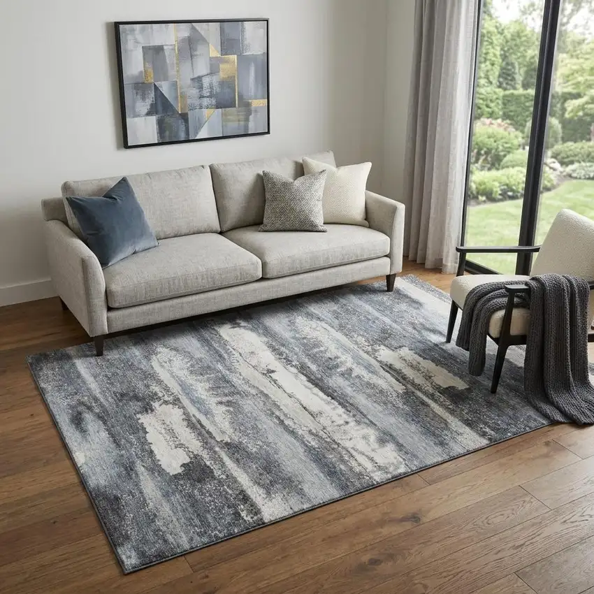 Gray And Ivory Abstract Washable Area Rug With UV Protection Photo 2