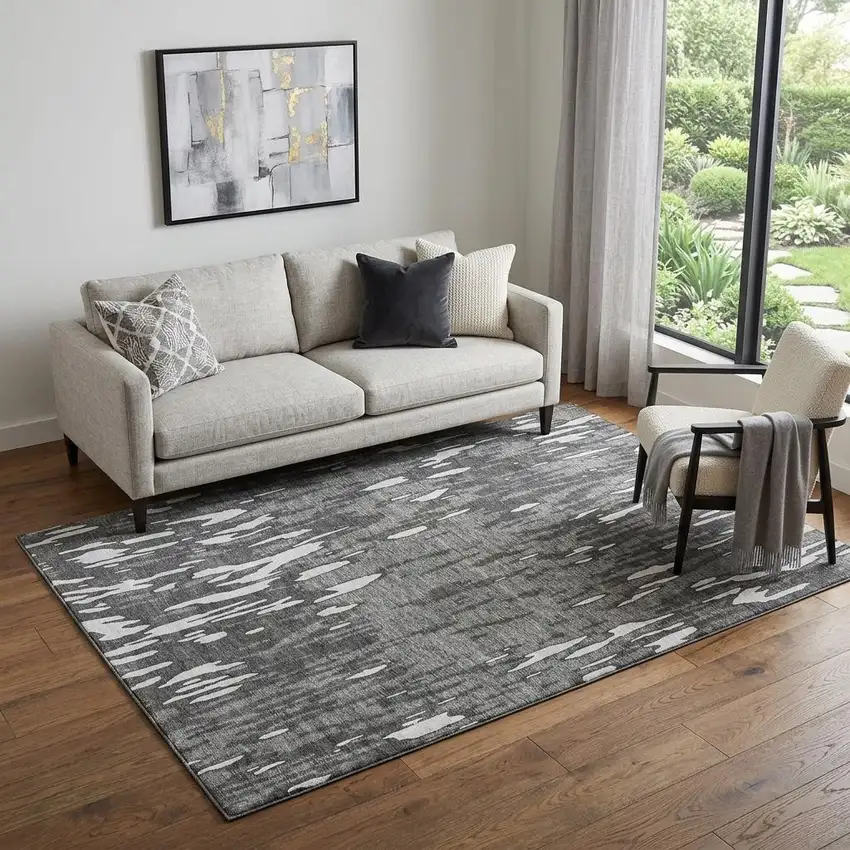 Gray And Ivory Abstract Washable Area Rug With UV Protection Photo 1