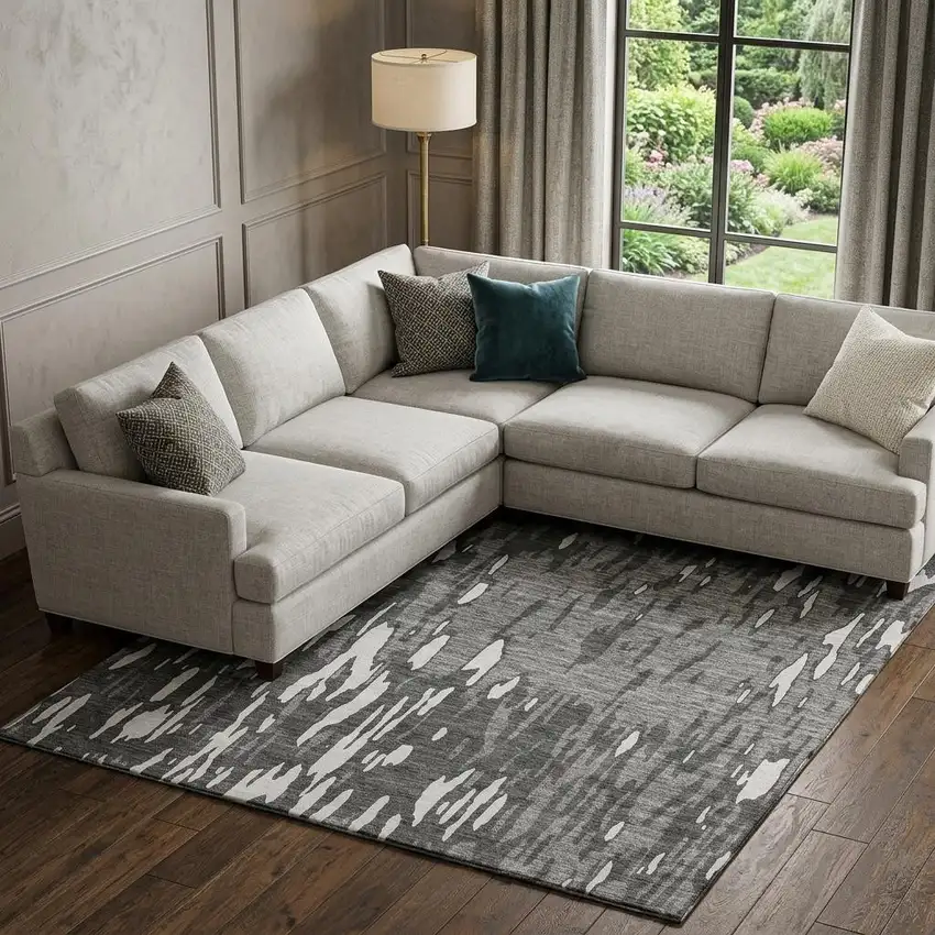 Gray And Ivory Abstract Washable Area Rug With UV Protection Photo 1