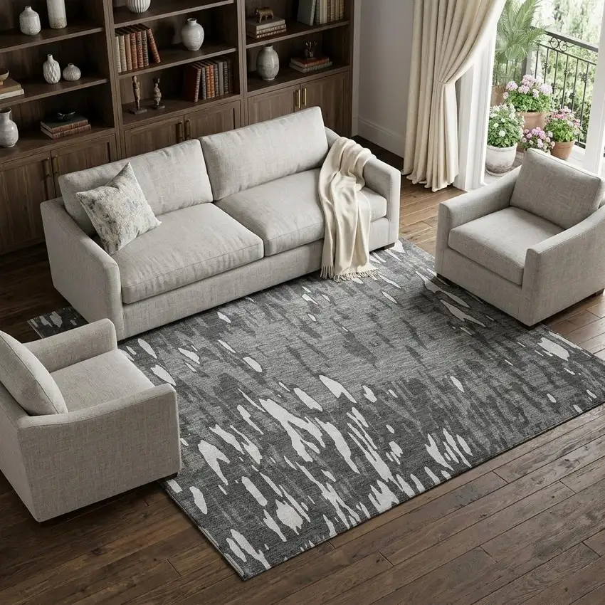 Gray And Ivory Abstract Washable Area Rug With UV Protection Photo 1