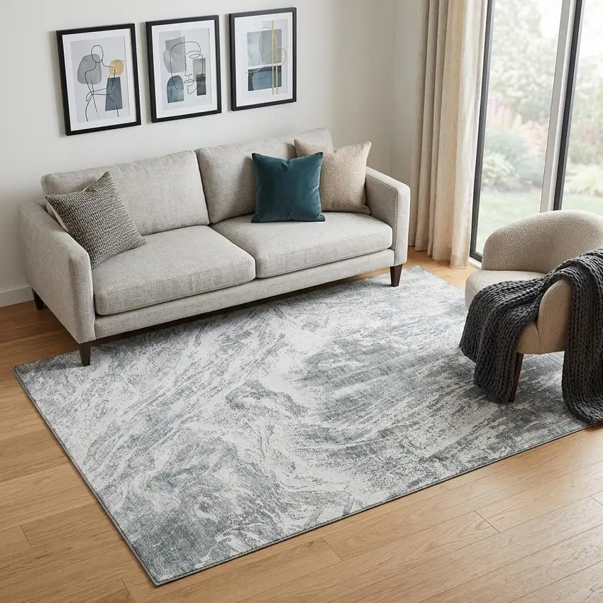 Gray And Ivory Abstract Washable Area Rug With UV Protection Photo 1