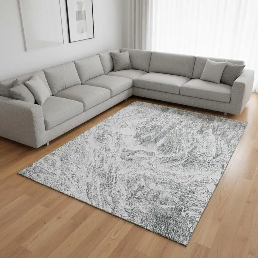Gray And Ivory Abstract Washable Area Rug With UV Protection Photo 2
