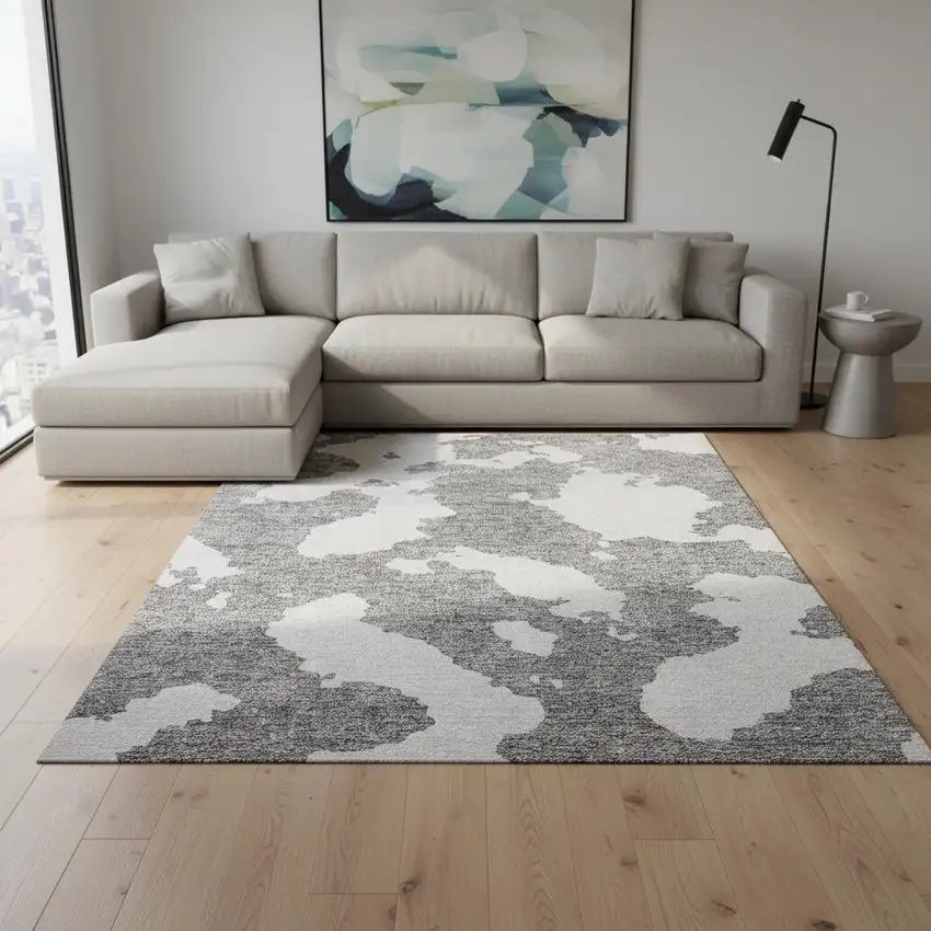 Gray And Ivory Abstract Washable Area Rug With UV Protection Photo 2