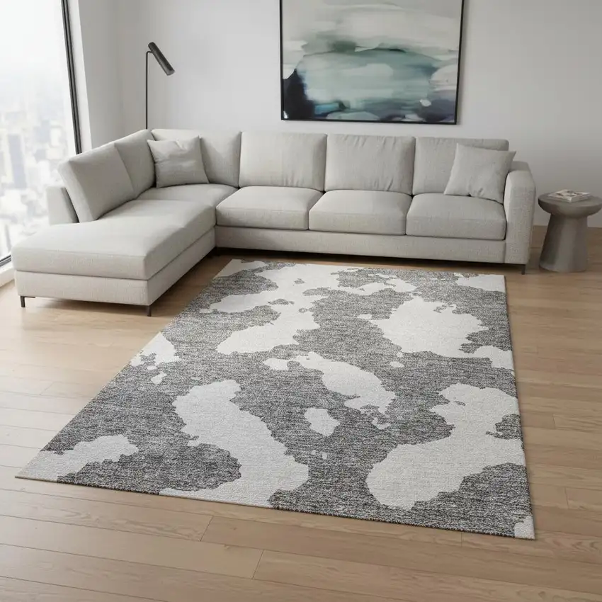 Gray And Ivory Abstract Washable Area Rug With UV Protection Photo 2