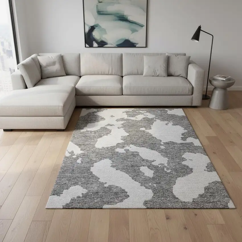 Gray And Ivory Abstract Washable Area Rug With UV Protection Photo 2