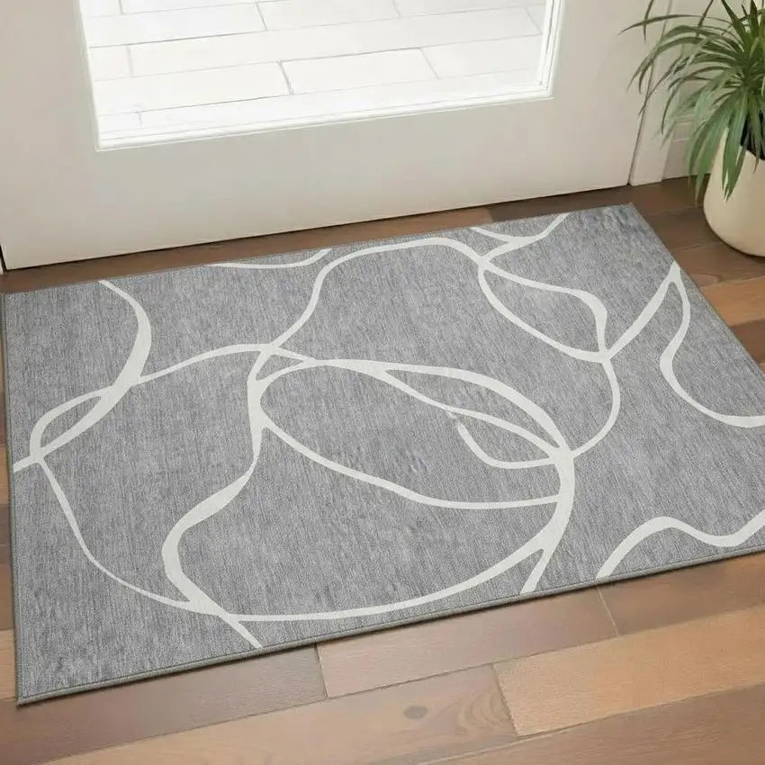 Gray And Ivory Abstract Washable Area Rug With UV Protection Photo 2