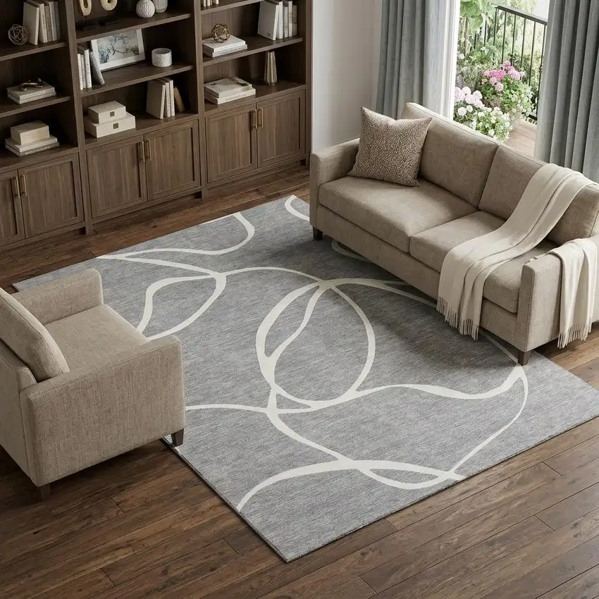 Gray And Ivory Abstract Washable Area Rug With UV Protection Photo 1