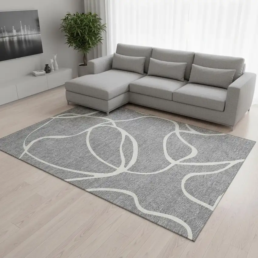 Gray And Ivory Abstract Washable Area Rug With UV Protection Photo 2