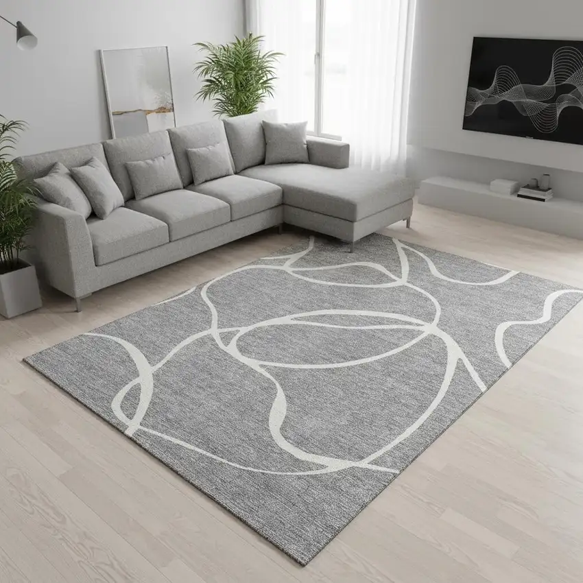 Gray And Ivory Abstract Washable Area Rug With UV Protection Photo 2