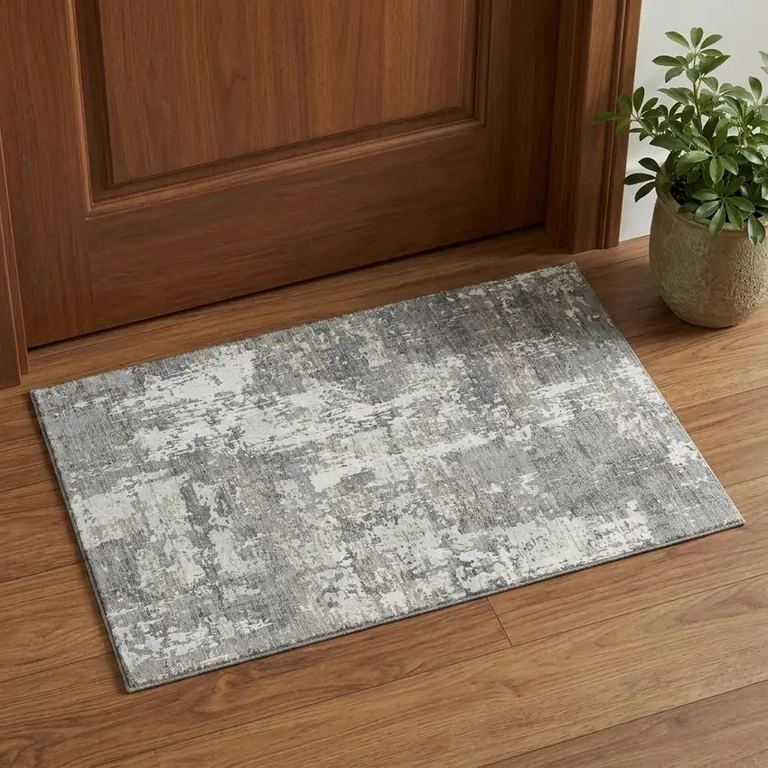 Gray And Ivory Abstract Washable Area Rug With UV Protection Photo 1