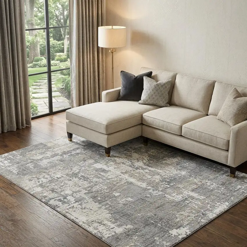 Gray And Ivory Abstract Washable Area Rug With UV Protection Photo 1