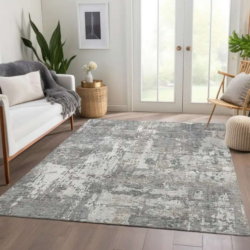 Gray And Ivory Abstract Washable Area Rug With UV Protection Photo 5