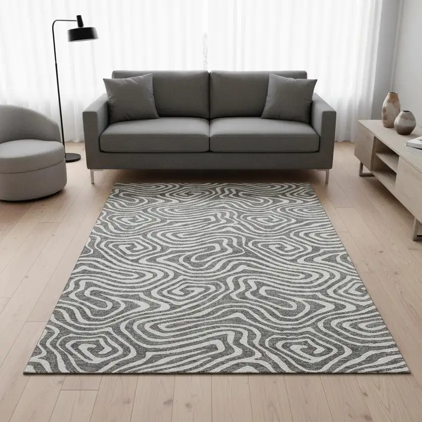Gray And Ivory Abstract Washable Area Rug With UV Protection Photo 2