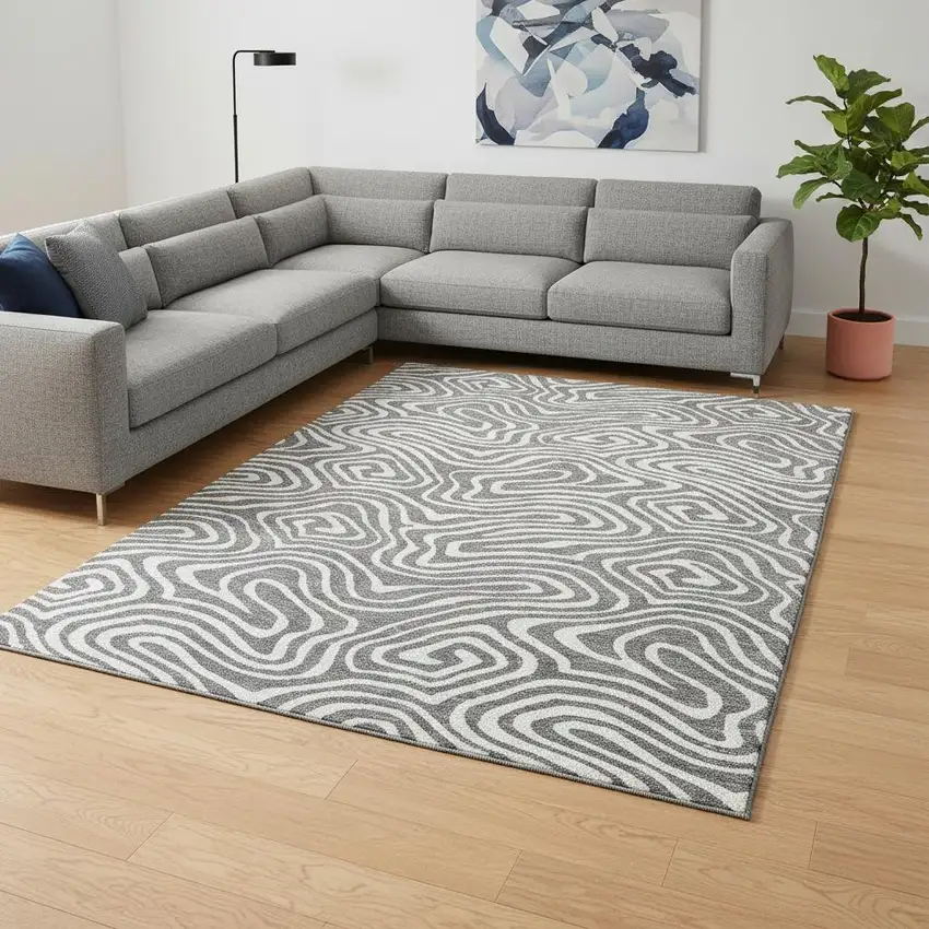 Gray And Ivory Abstract Washable Area Rug With UV Protection Photo 2