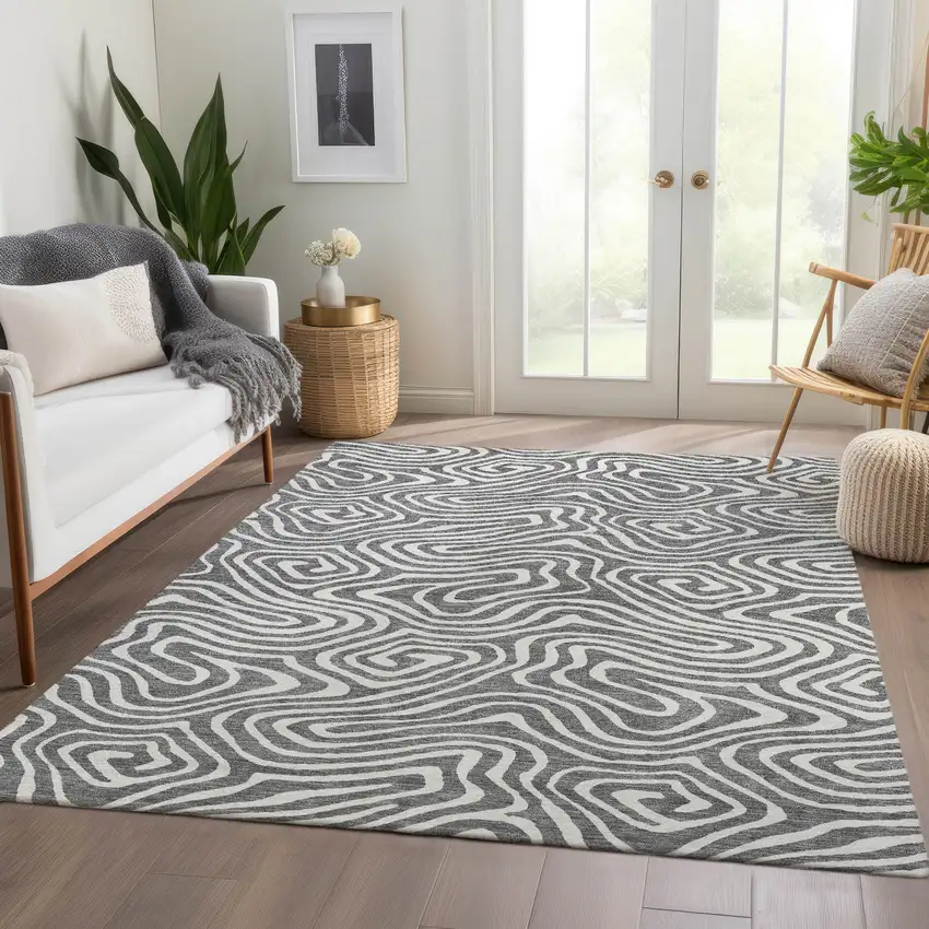 Gray And Ivory Abstract Washable Area Rug With UV Protection Photo 5
