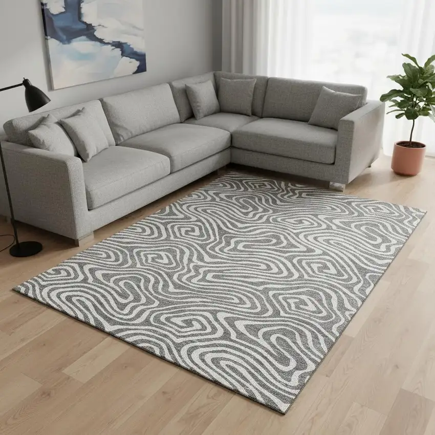 Gray And Ivory Abstract Washable Area Rug With UV Protection Photo 2