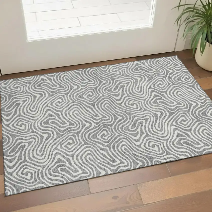 Gray And Ivory Abstract Washable Area Rug With UV Protection Photo 1