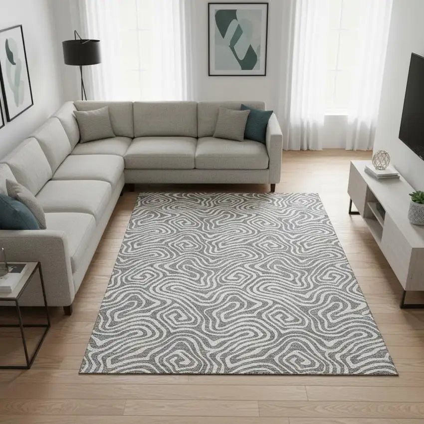 Gray And Ivory Abstract Washable Area Rug With UV Protection Photo 2