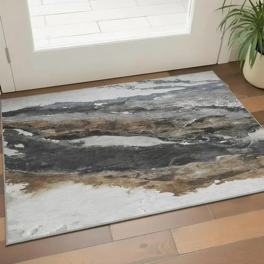 Gray And Ivory Abstract Washable Area Rug With UV Protection Photo 1