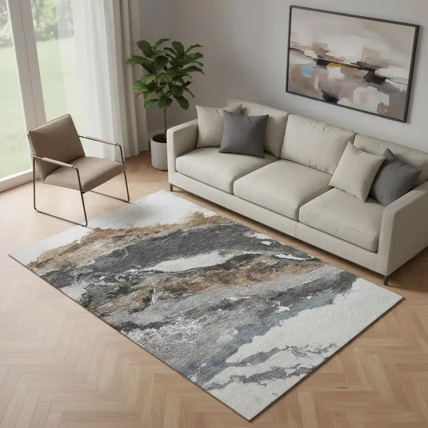 Gray And Ivory Abstract Washable Area Rug With UV Protection Photo 2