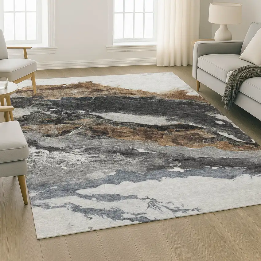 Gray And Ivory Abstract Washable Area Rug With UV Protection Photo 6