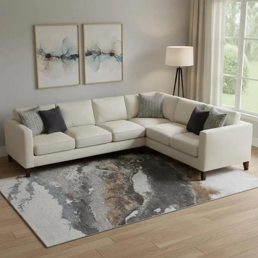 Gray And Ivory Abstract Washable Area Rug With UV Protection Photo 1