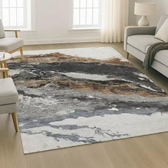 Gray And Ivory Abstract Washable Area Rug With UV Protection Photo 5