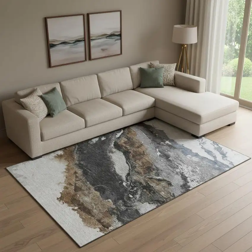 Gray And Ivory Abstract Washable Area Rug With UV Protection Photo 2
