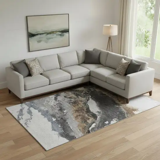 Gray And Ivory Abstract Washable Area Rug With UV Protection Photo 2