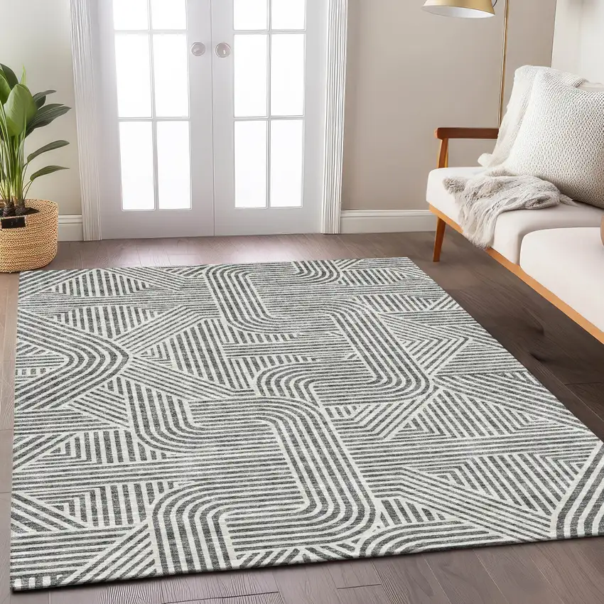 Gray And Ivory Abstract Washable Indoor Outdoor Area Rug Photo 9