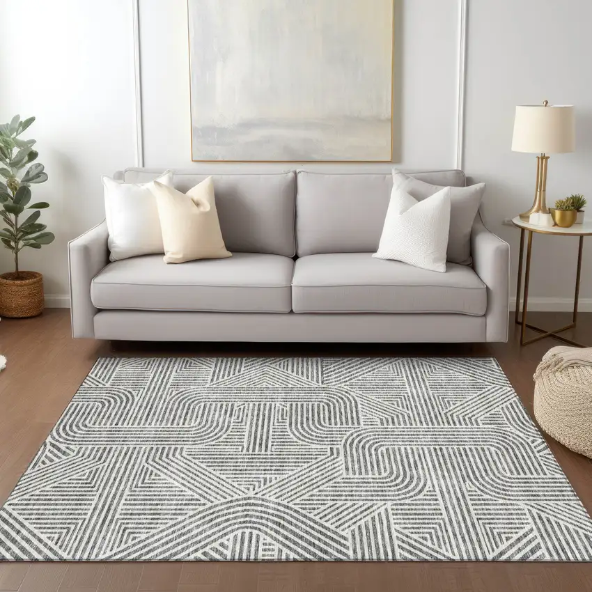 Gray And Ivory Abstract Washable Indoor Outdoor Area Rug Photo 9