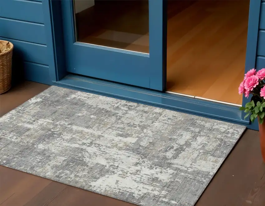 Gray And Ivory Abstract Washable Indoor Outdoor Area Rug Photo 1