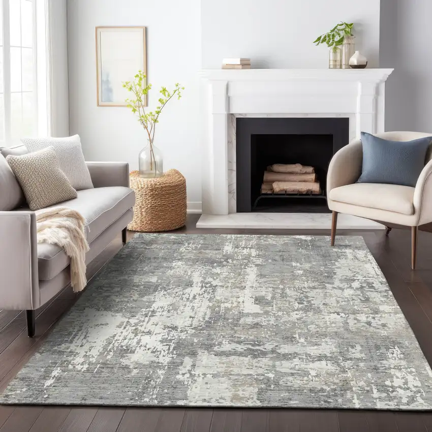 Gray And Ivory Abstract Washable Indoor Outdoor Area Rug Photo 8