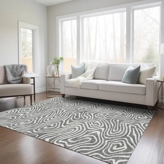 Gray And Ivory Abstract Washable Indoor Outdoor Area Rug Photo 9