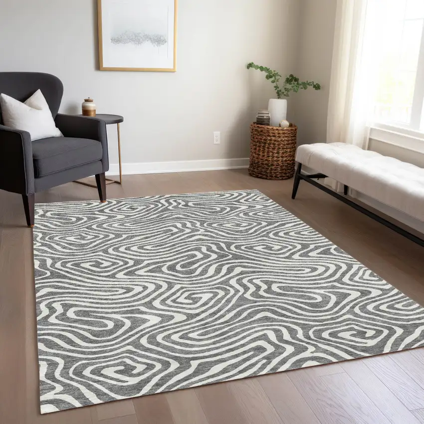 Gray And Ivory Abstract Washable Indoor Outdoor Area Rug Photo 9