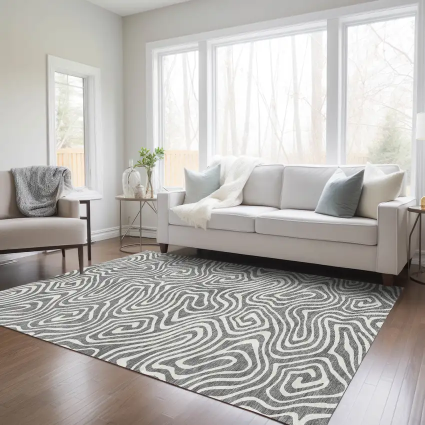 Gray And Ivory Abstract Washable Indoor Outdoor Area Rug Photo 9