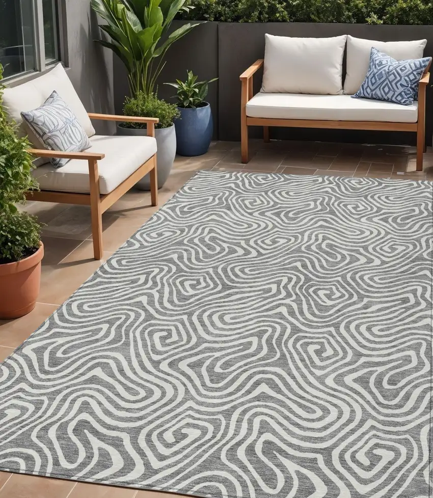 Gray And Ivory Abstract Washable Indoor Outdoor Area Rug Photo 1