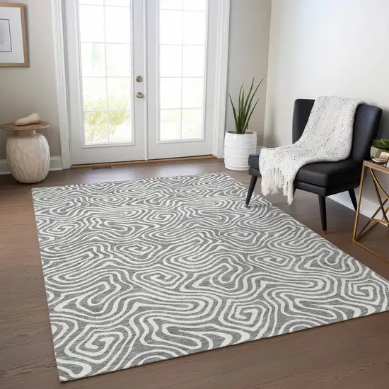 Gray And Ivory Abstract Washable Indoor Outdoor Area Rug Photo 9