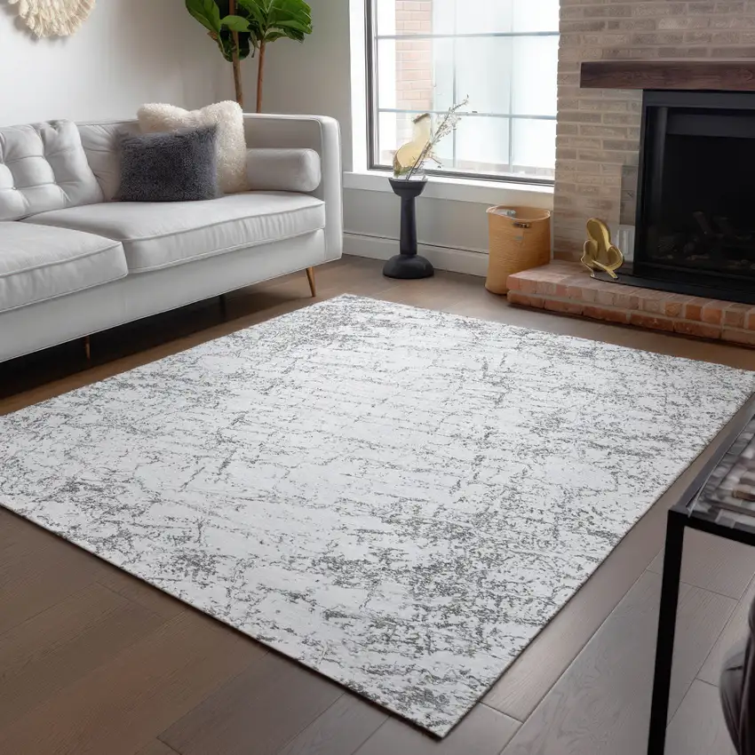 Gray And Ivory Abstract Washable Indoor Outdoor Area Rug Photo 8
