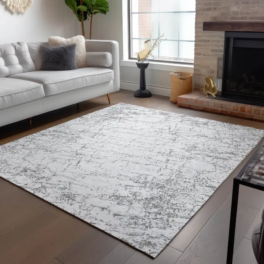 Gray And Ivory Abstract Washable Indoor Outdoor Area Rug Photo 8