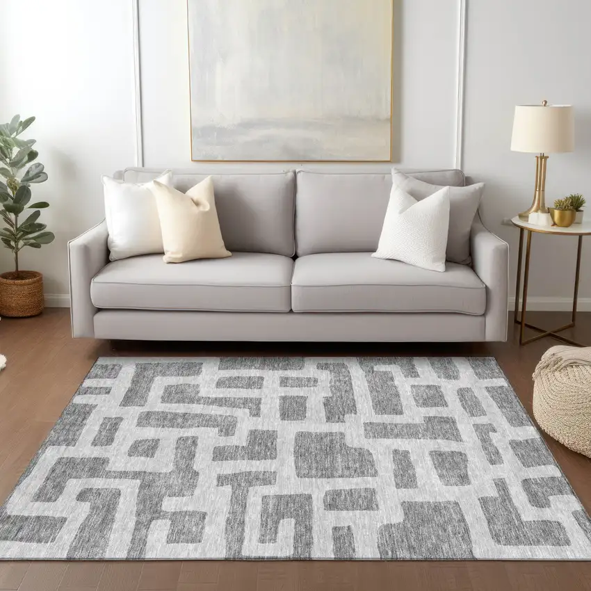 Gray And Ivory Abstract Washable Indoor Outdoor Area Rug Photo 9
