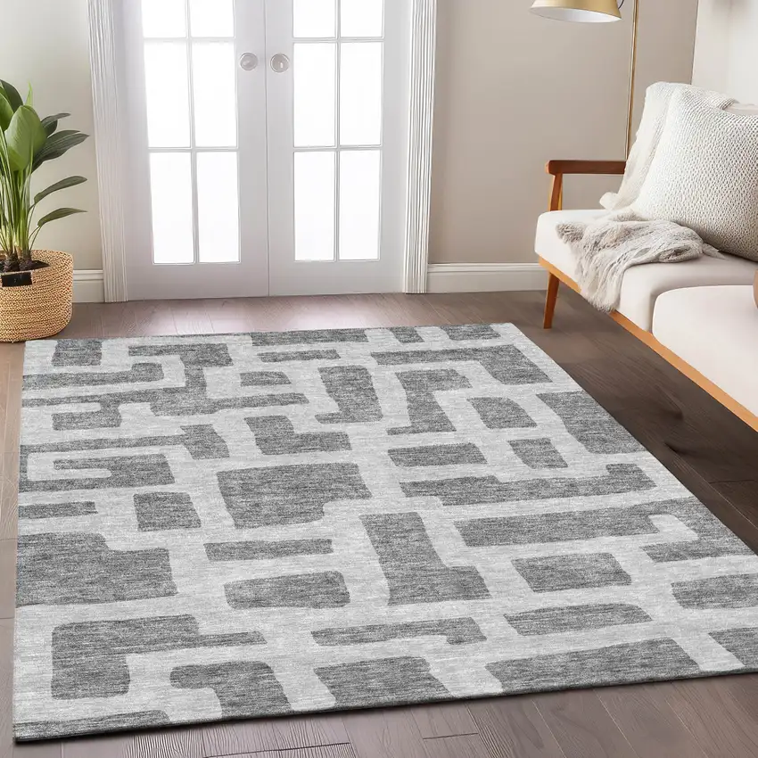 Gray And Ivory Abstract Washable Indoor Outdoor Area Rug Photo 9