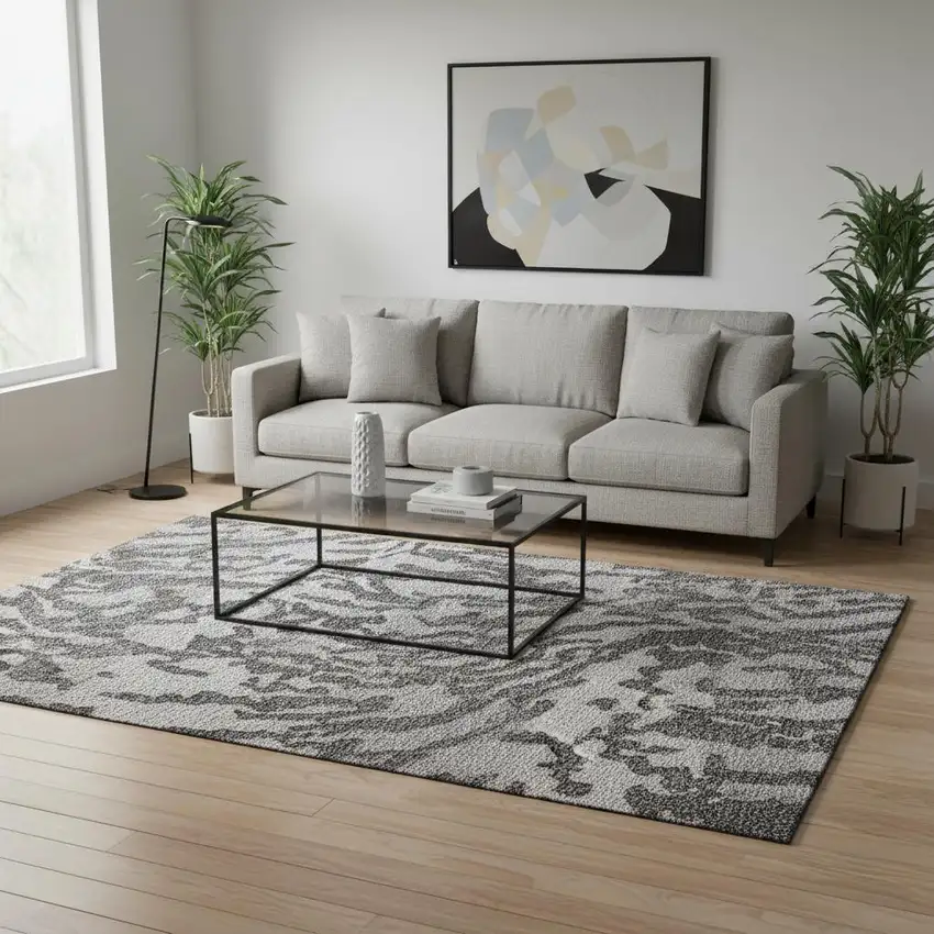 Gray And Ivory Animal Print Washable Area Rug With UV Protection Photo 2