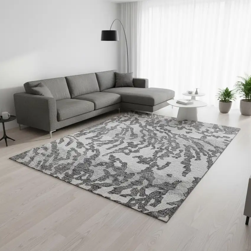 Gray And Ivory Animal Print Washable Area Rug With UV Protection Photo 2