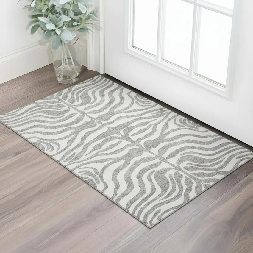 Gray And Ivory Animal Print Washable Area Rug With UV Protection Photo 2