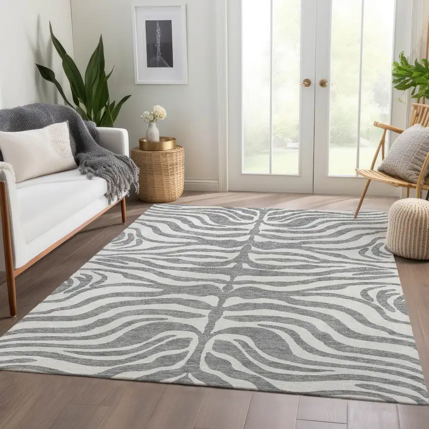 Gray And Ivory Animal Print Washable Area Rug With UV Protection Photo 5