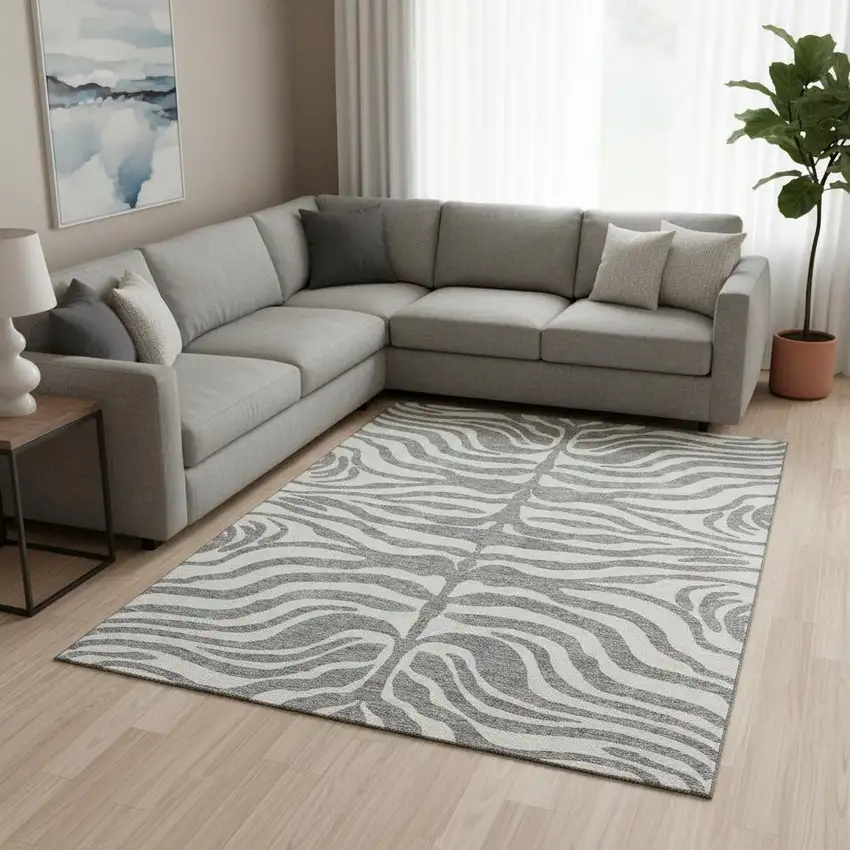 Gray And Ivory Animal Print Washable Area Rug With UV Protection Photo 2