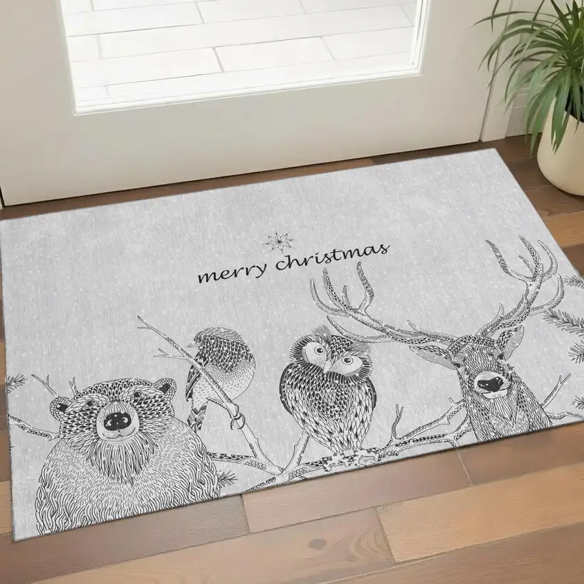 Gray And Ivory Animal Print Washable Area Rug With UV Protection Photo 1