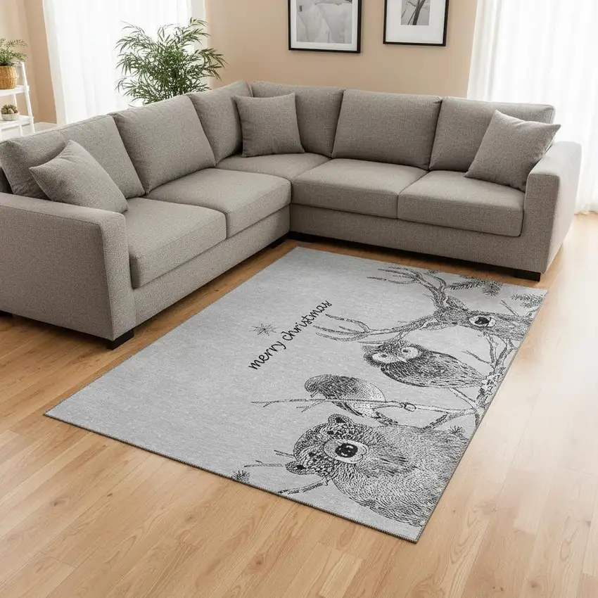 Gray And Ivory Animal Print Washable Area Rug With UV Protection Photo 1